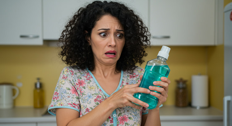 a woman is holding an expired mouthwash bottle and is worried as she drank some of it.