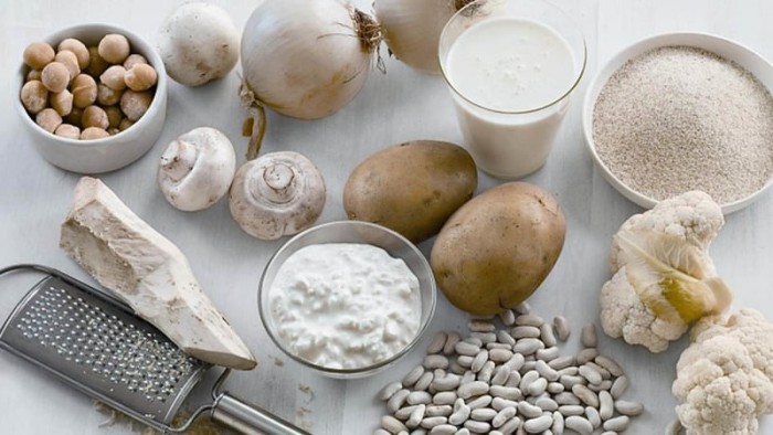 A collection of light-coloured foods recommended for eating after teeth whitening.