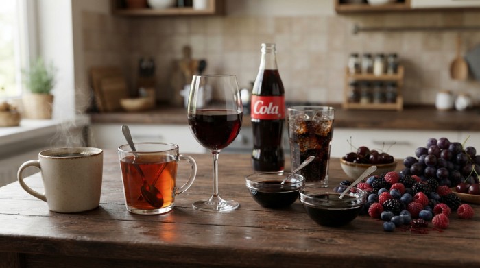 A collection of pigmented foods and drinks on a kitchen table, which are not recommended for eating after teeth whitening.