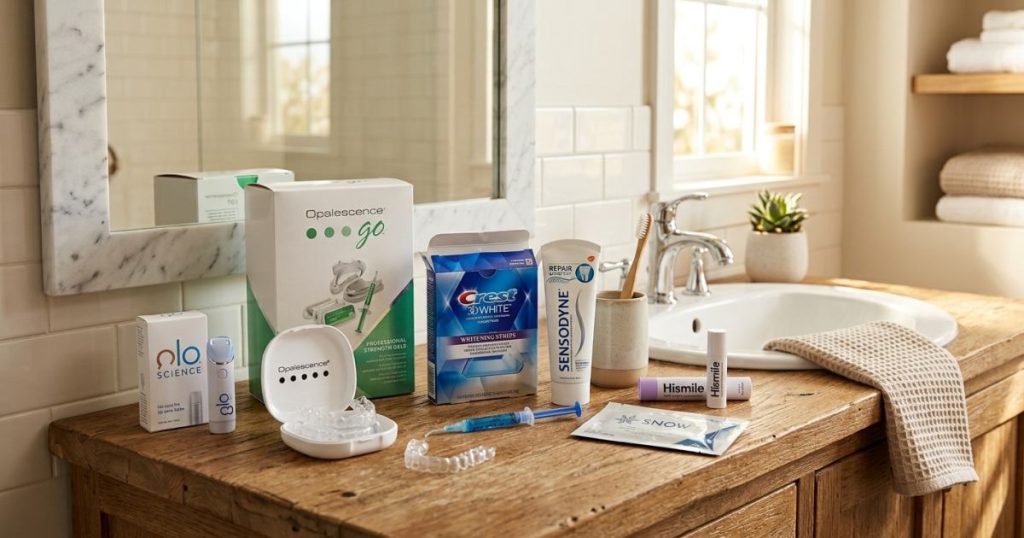 Assorted best teeth whitening products in Canada, including whitening kits, strips, trays, and toothpaste, displayed on a modern wooden bathroom counter.