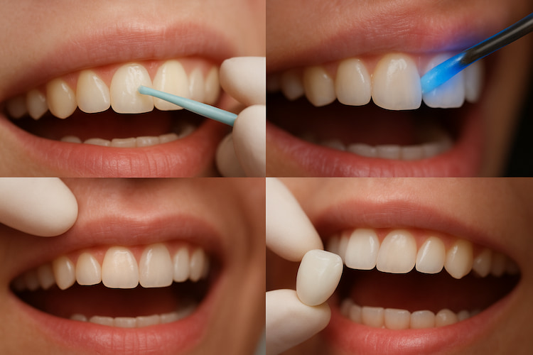 The image shows the use of dental veneers, fluoride treatment, bonding, and a crown to address enamel erosion.
