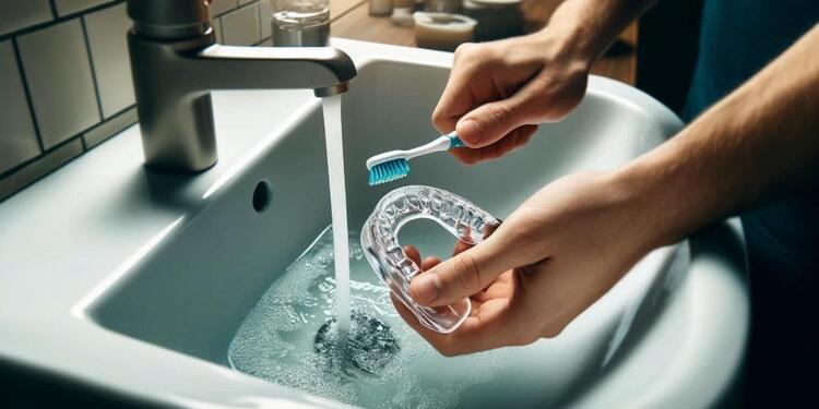 a man rinsing a night guard with water and washing it by toothbrush