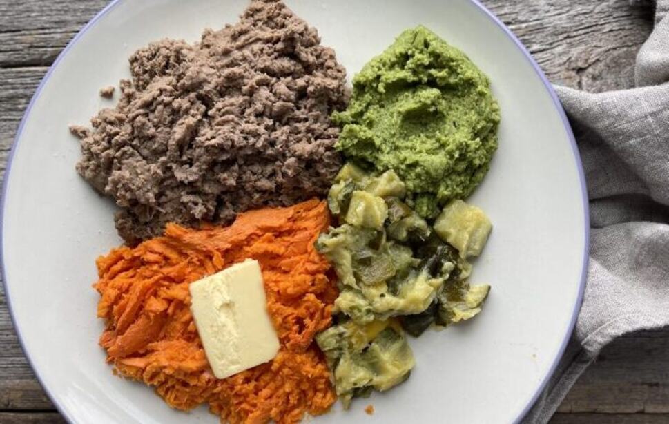 A plate of soft, mashed foods
