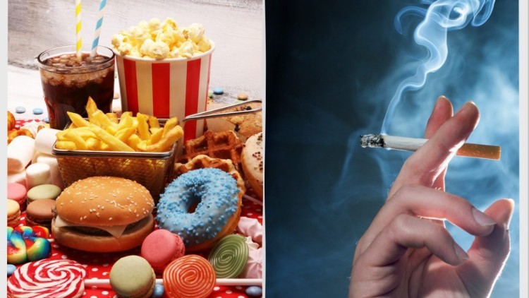 Split image showing unhealthy foods and smoking linked to tooth abscess risk