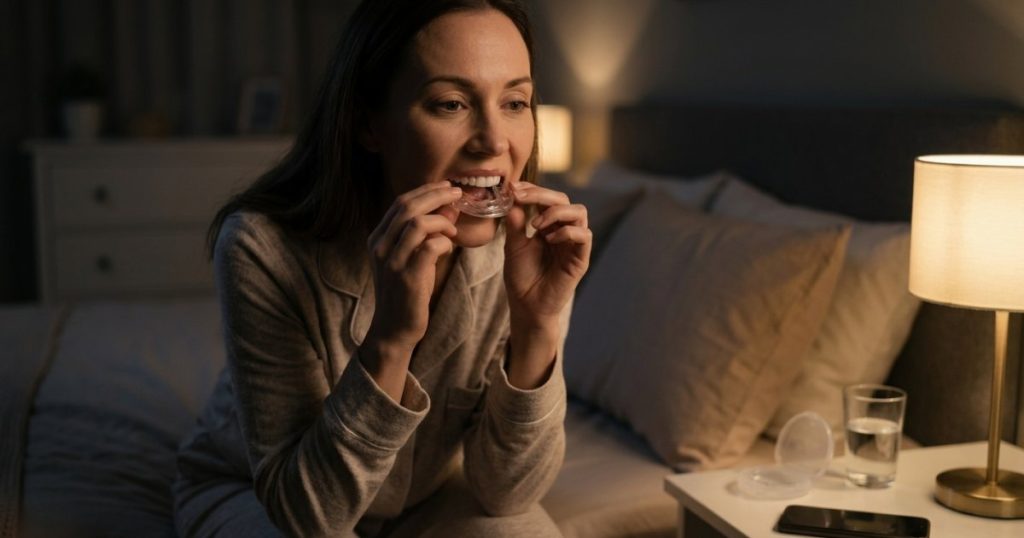 A woman sitting on her bed at night, putting a night guard into her mouth.