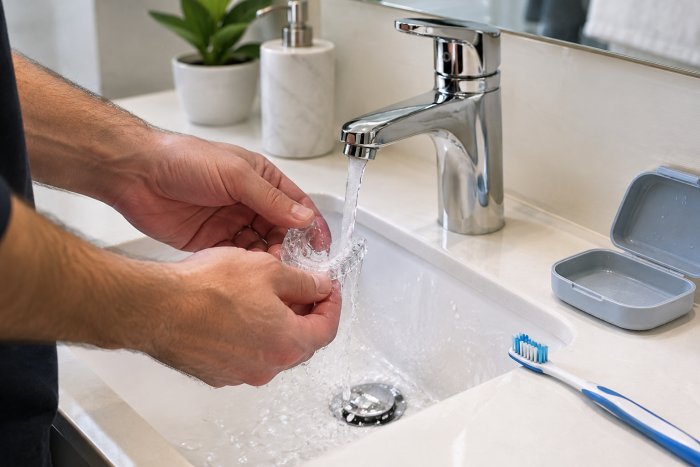 Close-up of a man’s hands rinsing a night guard under running water, with a toothbrush and night guard case beside it.